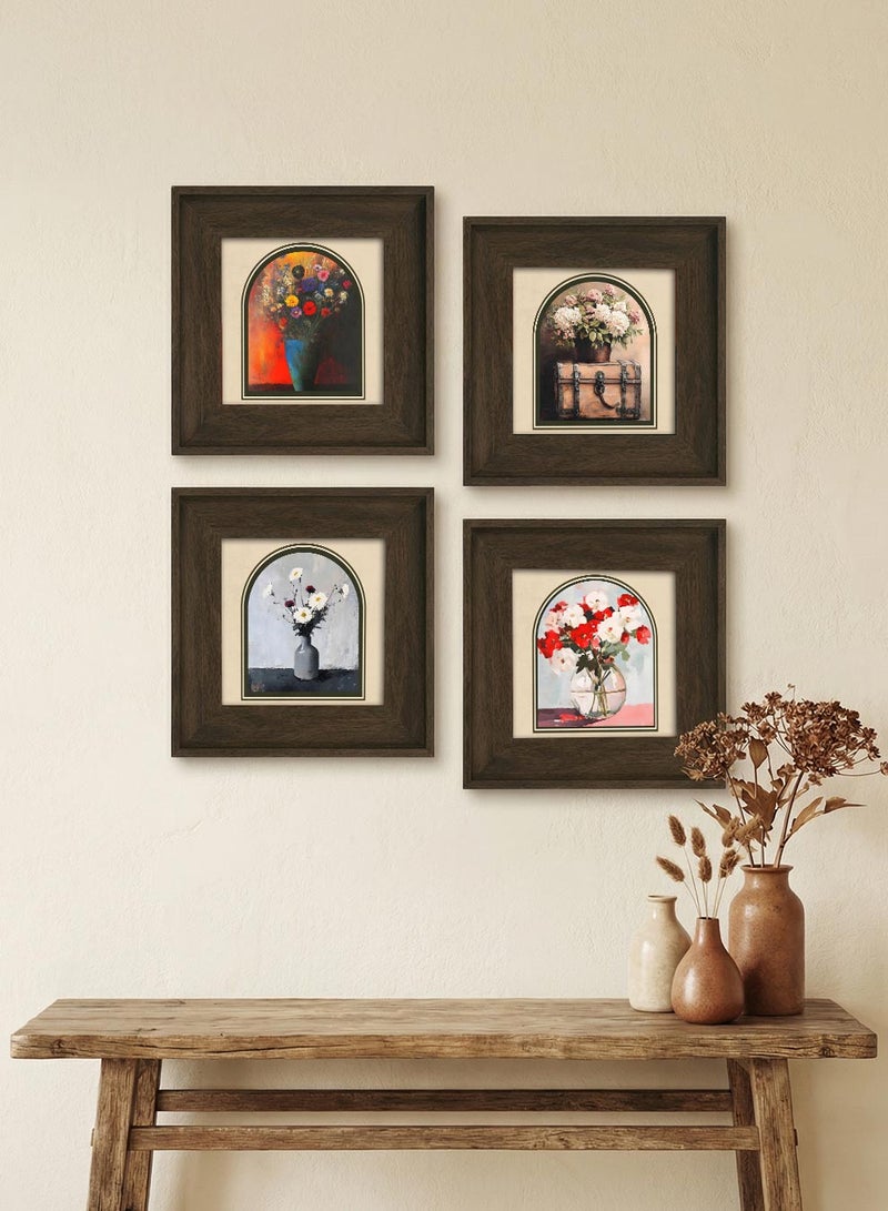 LOWHA Set of 4 Canvas Wall Art Stretched Over Wooden Frame with Vintage Brown Floating Frame and Floral Vessels Design - Image 3